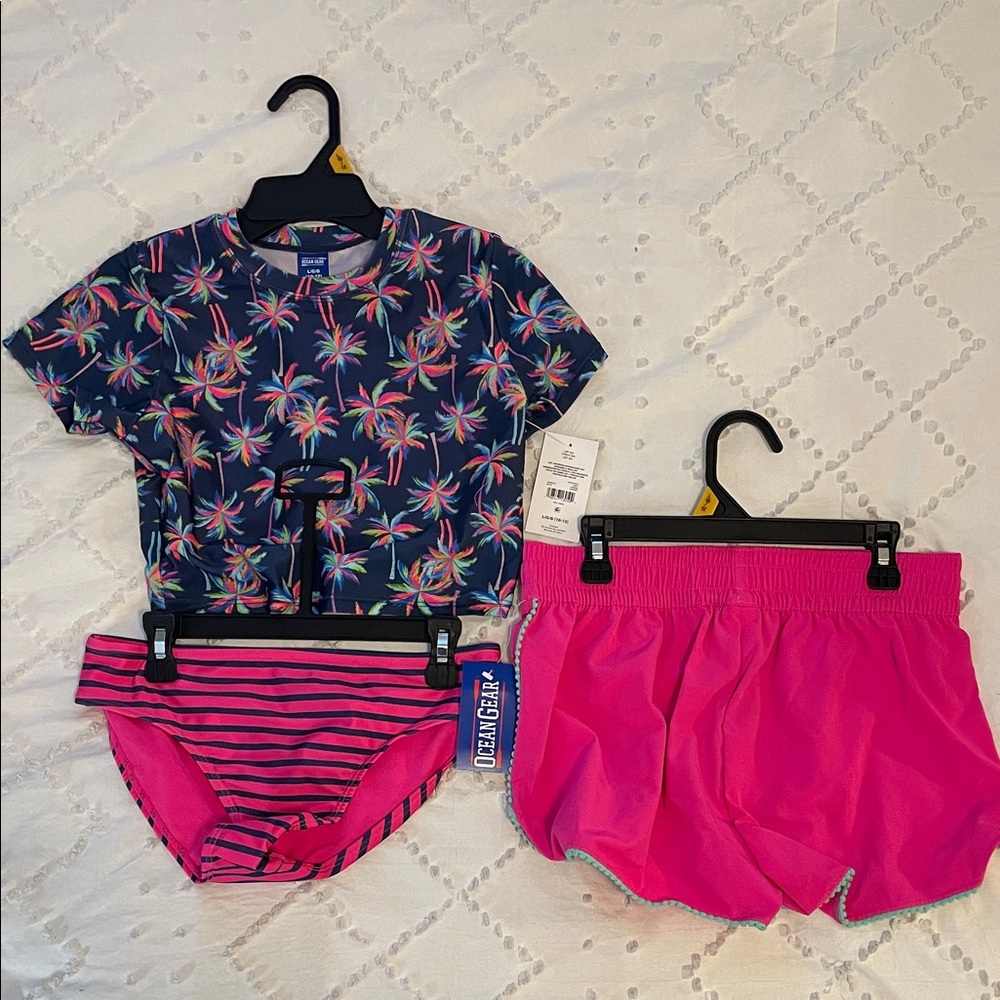 Kids Tropical Print Bikini Set Pink Blue shirt bottom shorts three pieces NWT